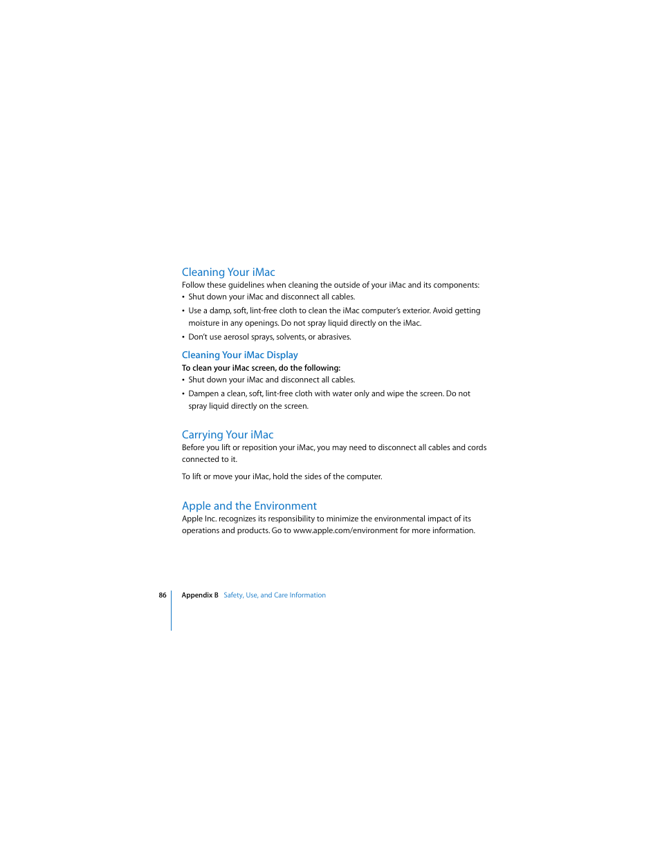 Cleaning your imac, Carrying your imac, Apple and the environment | Apple iMac (Mid 2006) User Manual | Page 86 / 104