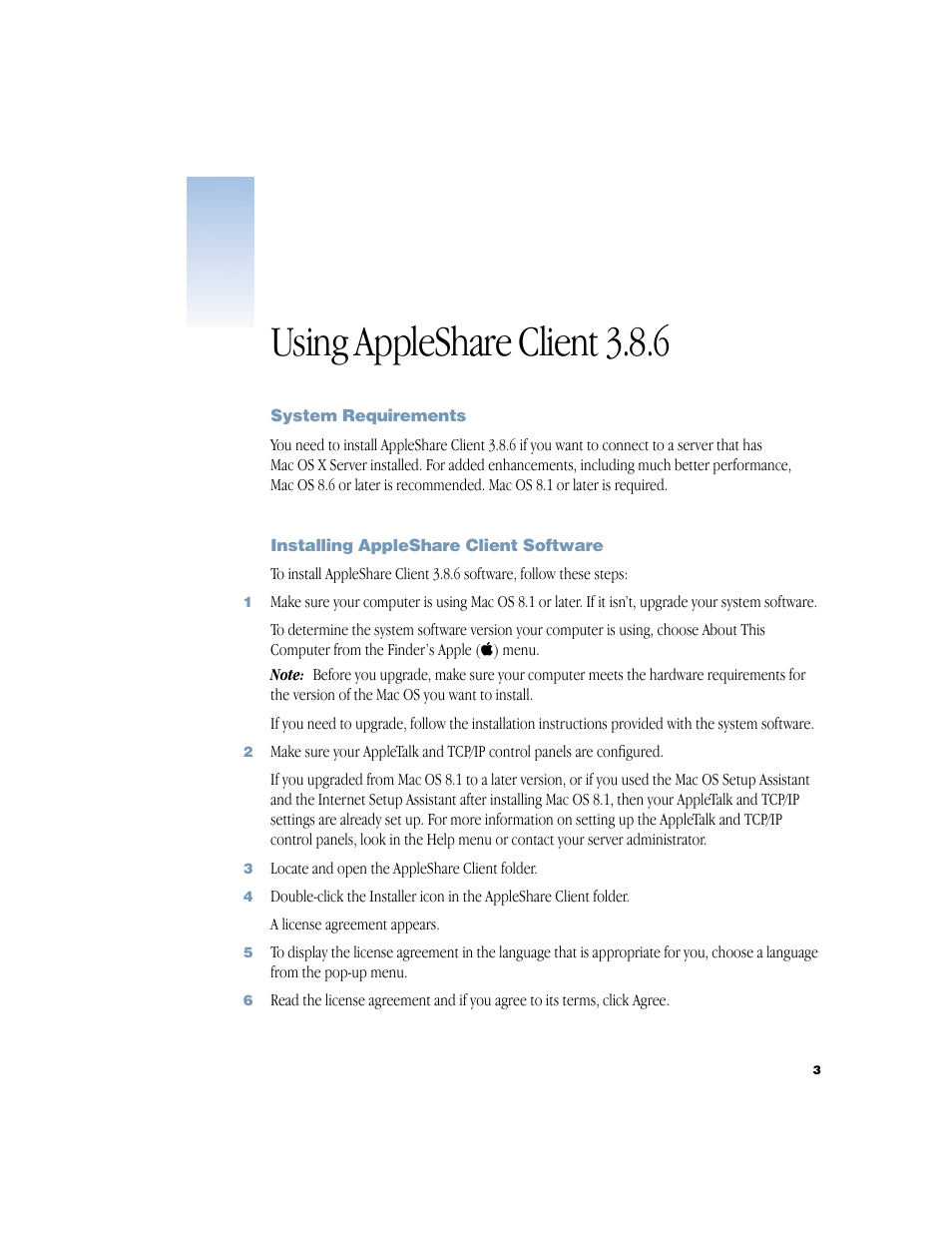 Using appleshare client 3.8.6, System requirements, Installing appleshare client software | Apple Using AppleShare Client 3.8.6 User Manual | Page 4 / 9