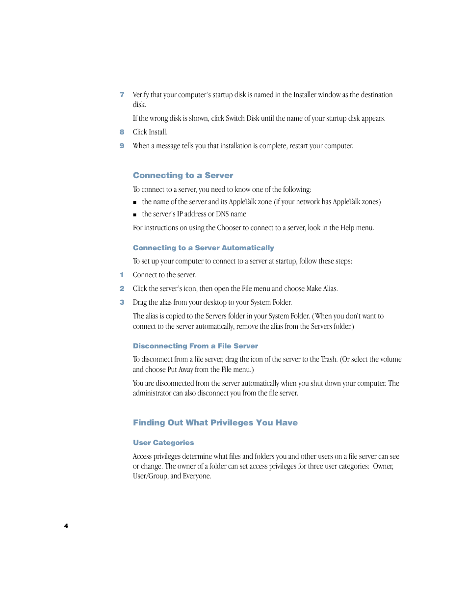 Connecting to a server, Connecting to a server automatically, Disconnecting from a file server | Finding out what privileges you have, User categories | Apple Using AppleShare Client 3.8.6 User Manual | Page 5 / 9