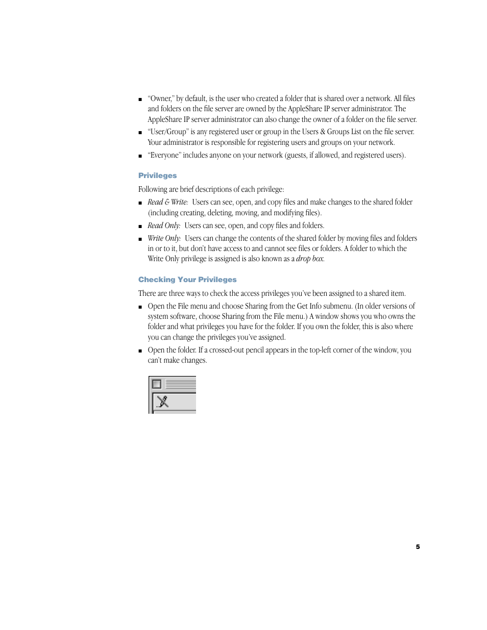 Privileges, Checking your privileges | Apple Using AppleShare Client 3.8.6 User Manual | Page 6 / 9