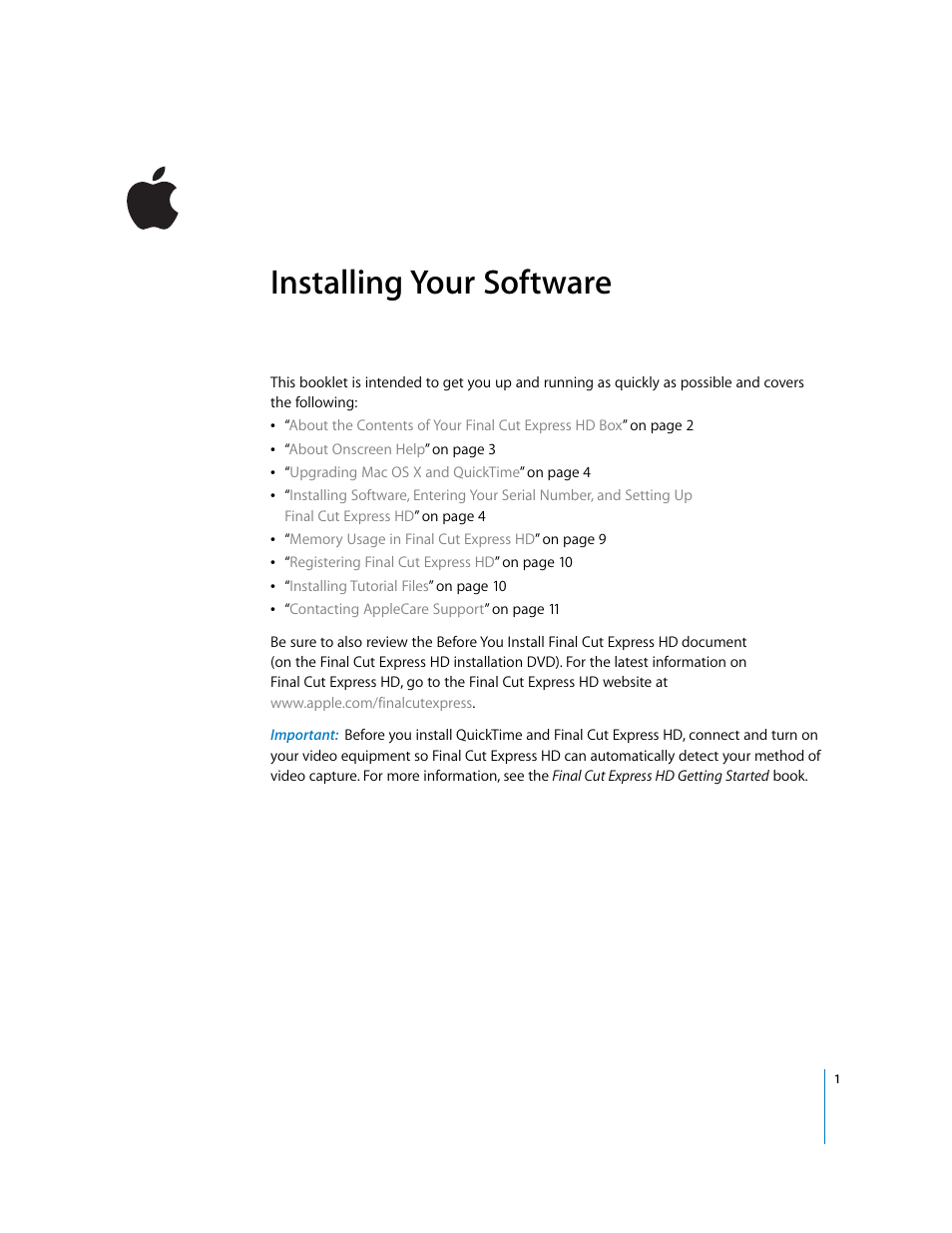 Apple Final Cut Express HD: Installing Your Software User Manual | 12 pages