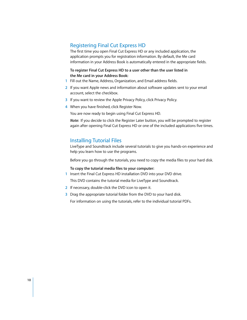 Registering finalcutexpresshd, Installing tutorial files, Registering final cut express hd | Apple Final Cut Express HD: Installing Your Software User Manual | Page 10 / 12