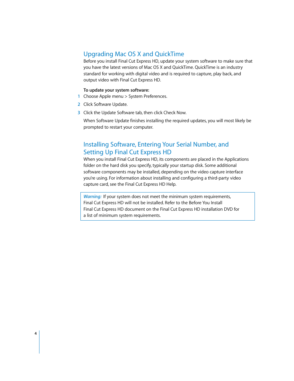 Upgrading macosx and quicktime, Upgrading mac os x and quicktime, Final cut express hd | Apple Final Cut Express HD: Installing Your Software User Manual | Page 4 / 12