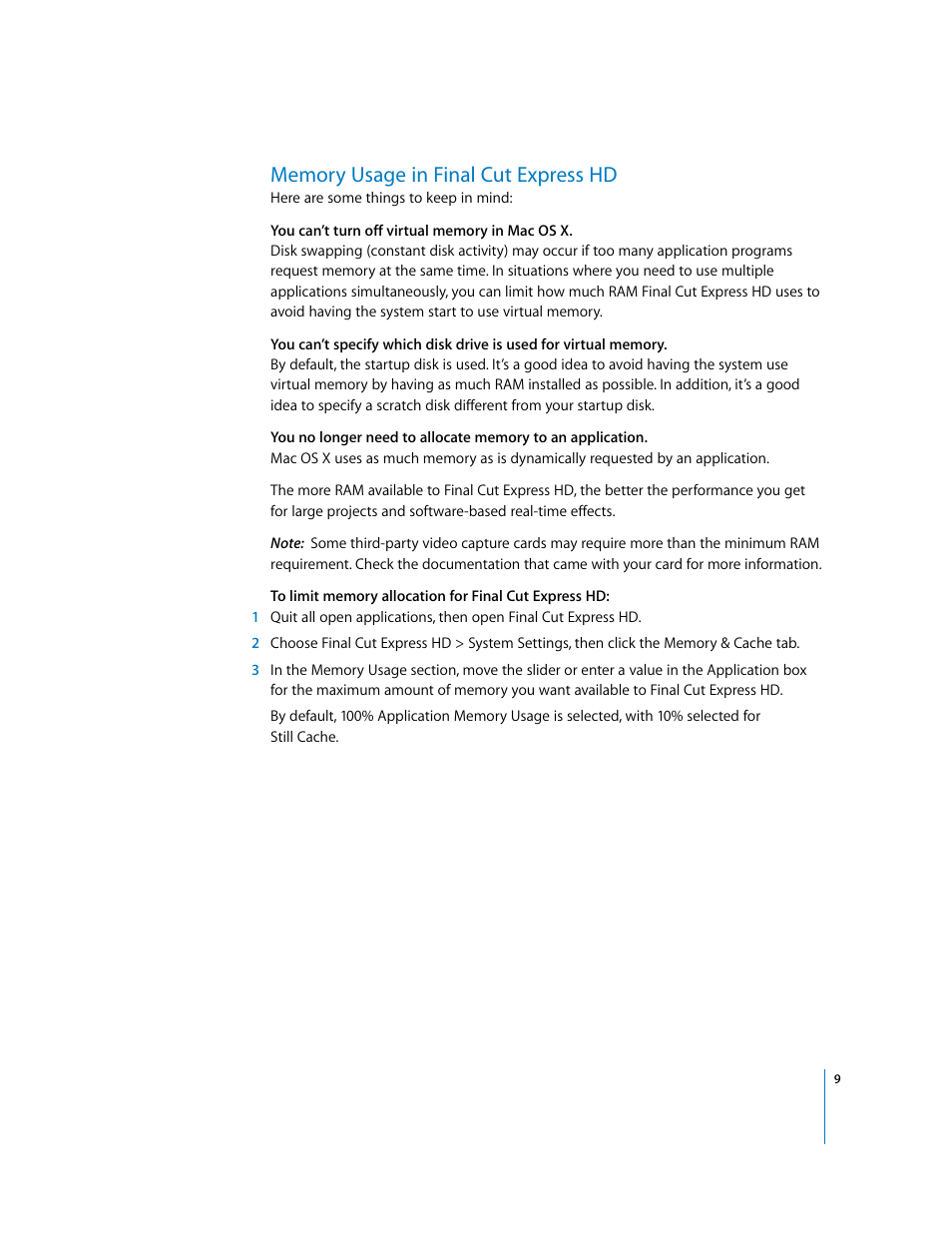 Memory usage in finalcutexpresshd, Memory usage in final cut express hd | Apple Final Cut Express HD: Installing Your Software User Manual | Page 9 / 12