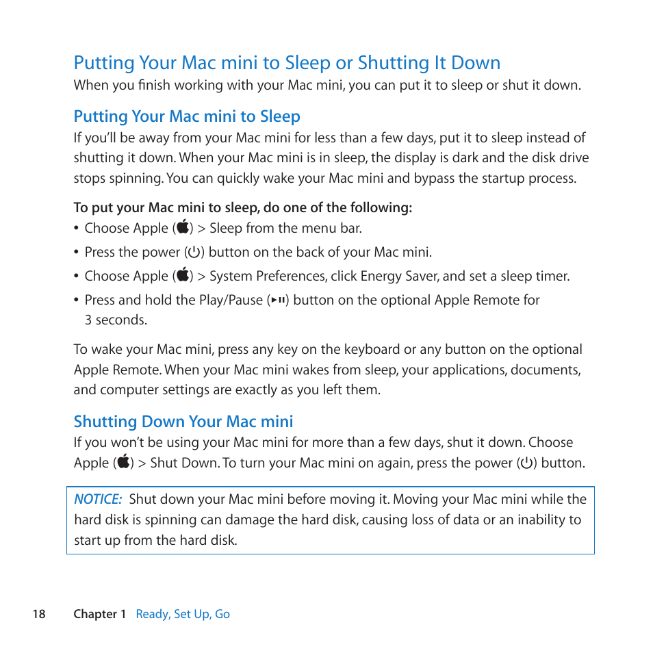 Putting your mac mini to sleep or shutting it down | Apple Mac mini (Mid 2010) User Manual | Page 18 / 76