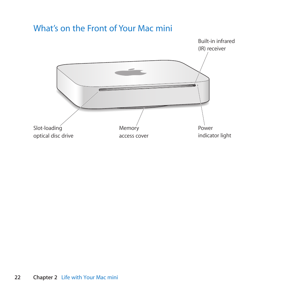 What’s on the front of your mac mini, 22 what’s on the front of your mac mini | Apple Mac mini (Mid 2010) User Manual | Page 22 / 76