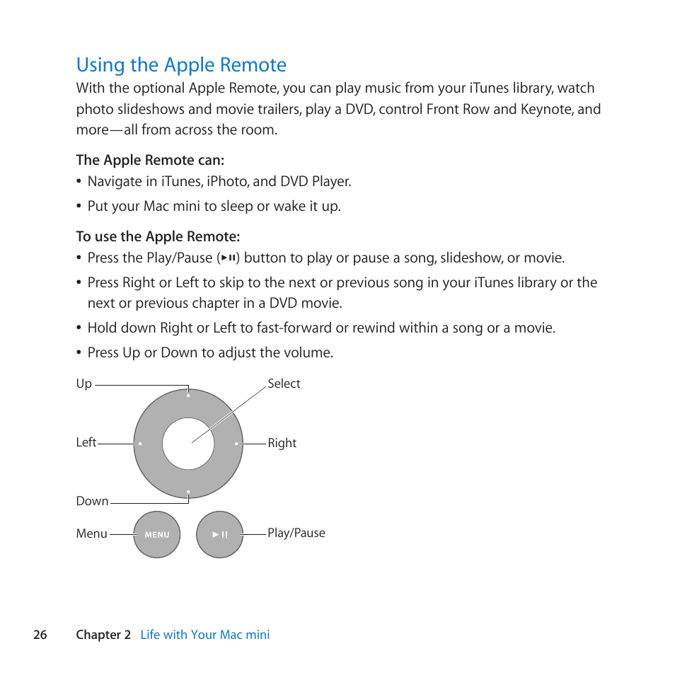 Using the apple remote, 26 using the apple remote | Apple Mac mini (Mid 2010) User Manual | Page 26 / 76