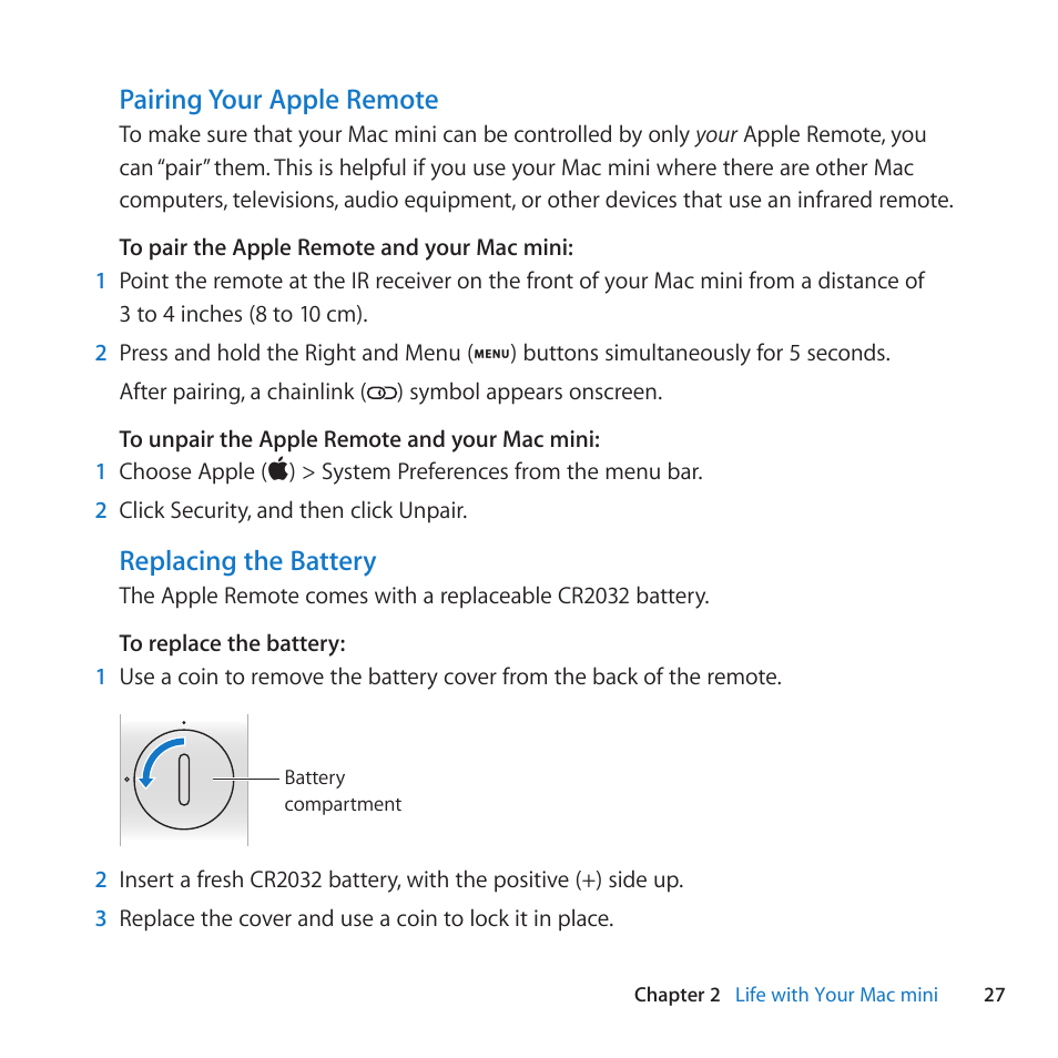 Pairing your apple remote, Replacing the battery | Apple Mac mini (Mid 2010) User Manual | Page 27 / 76