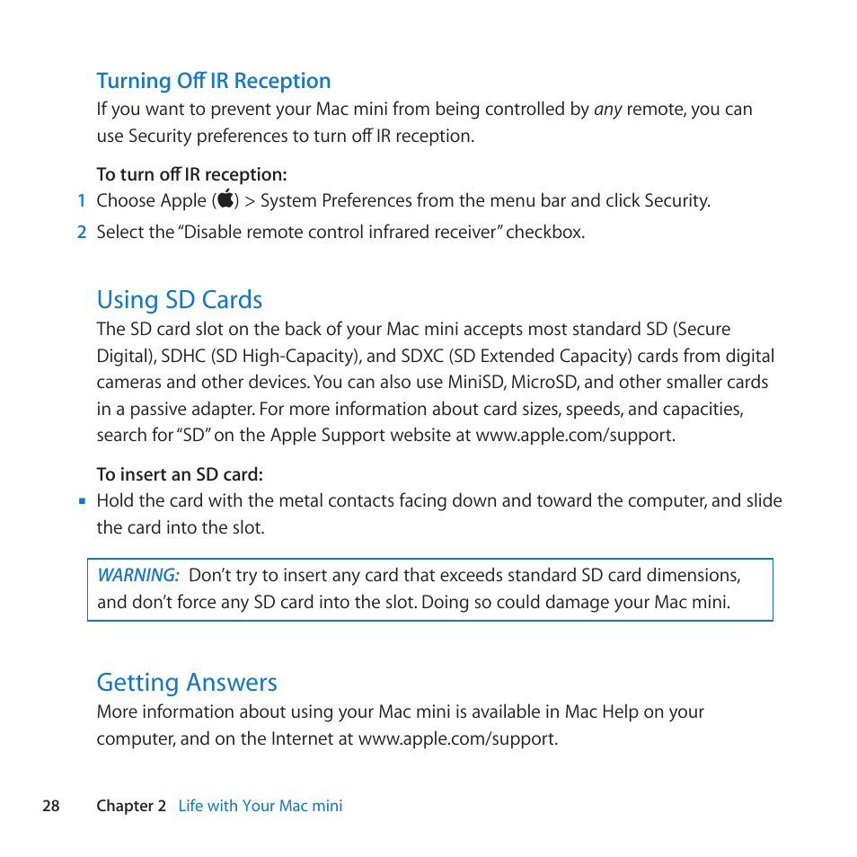 Using sd cards, Getting answers, 28 using sd cards 28 getting answers | Turning off ir reception | Apple Mac mini (Mid 2010) User Manual | Page 28 / 76