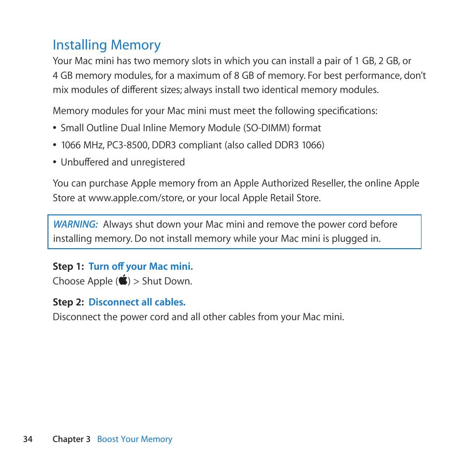 Installing memory, 34 installing memory | Apple Mac mini (Mid 2010) User Manual | Page 34 / 76