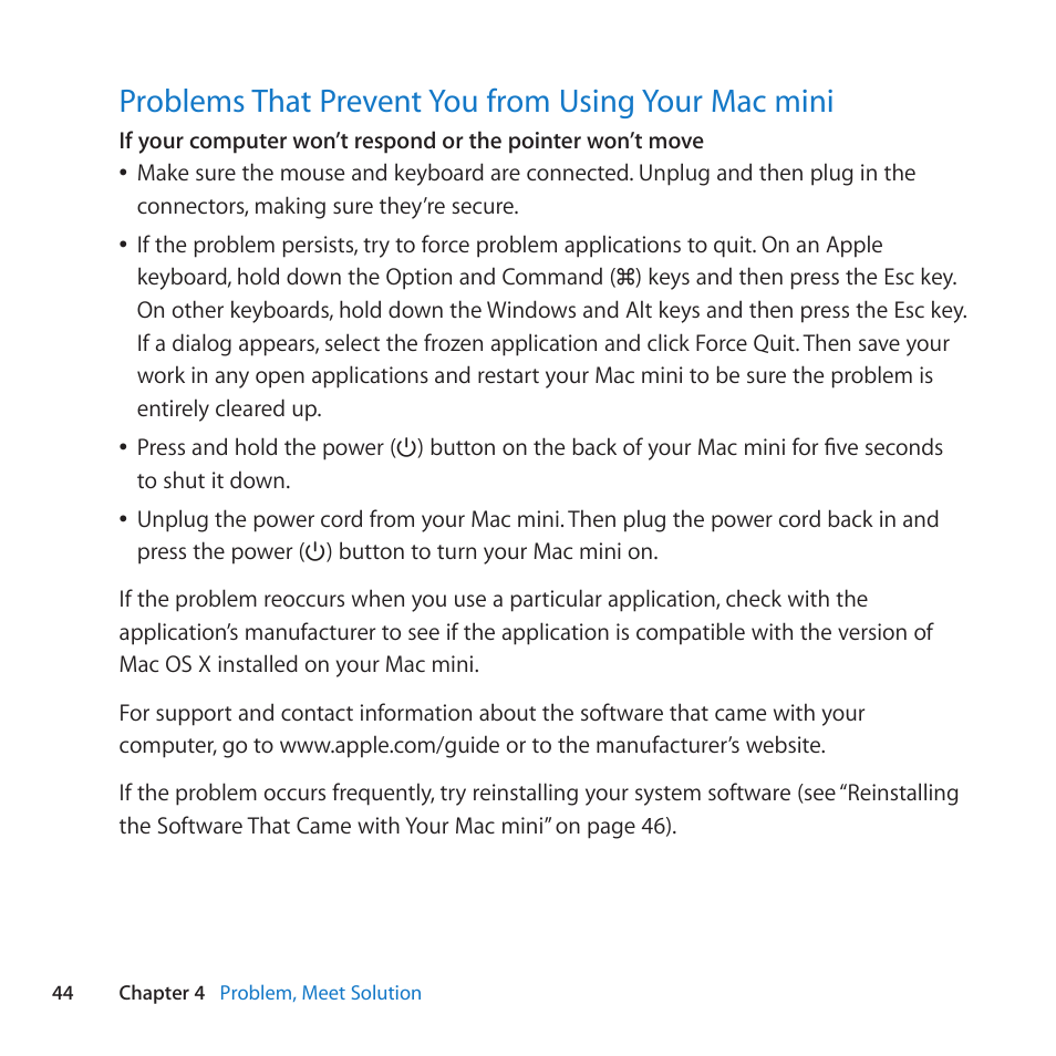 Problems that prevent you from using your mac mini | Apple Mac mini (Mid 2010) User Manual | Page 44 / 76