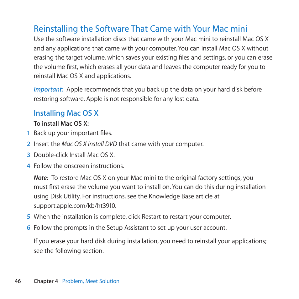 Installing mac os x | Apple Mac mini (Mid 2010) User Manual | Page 46 / 76