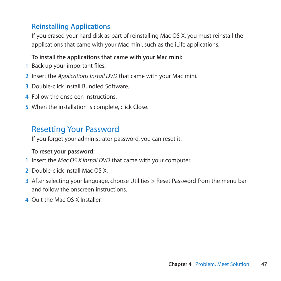 Resetting your password, 47 resetting your password, Reinstalling applications | Apple Mac mini (Mid 2010) User Manual | Page 47 / 76