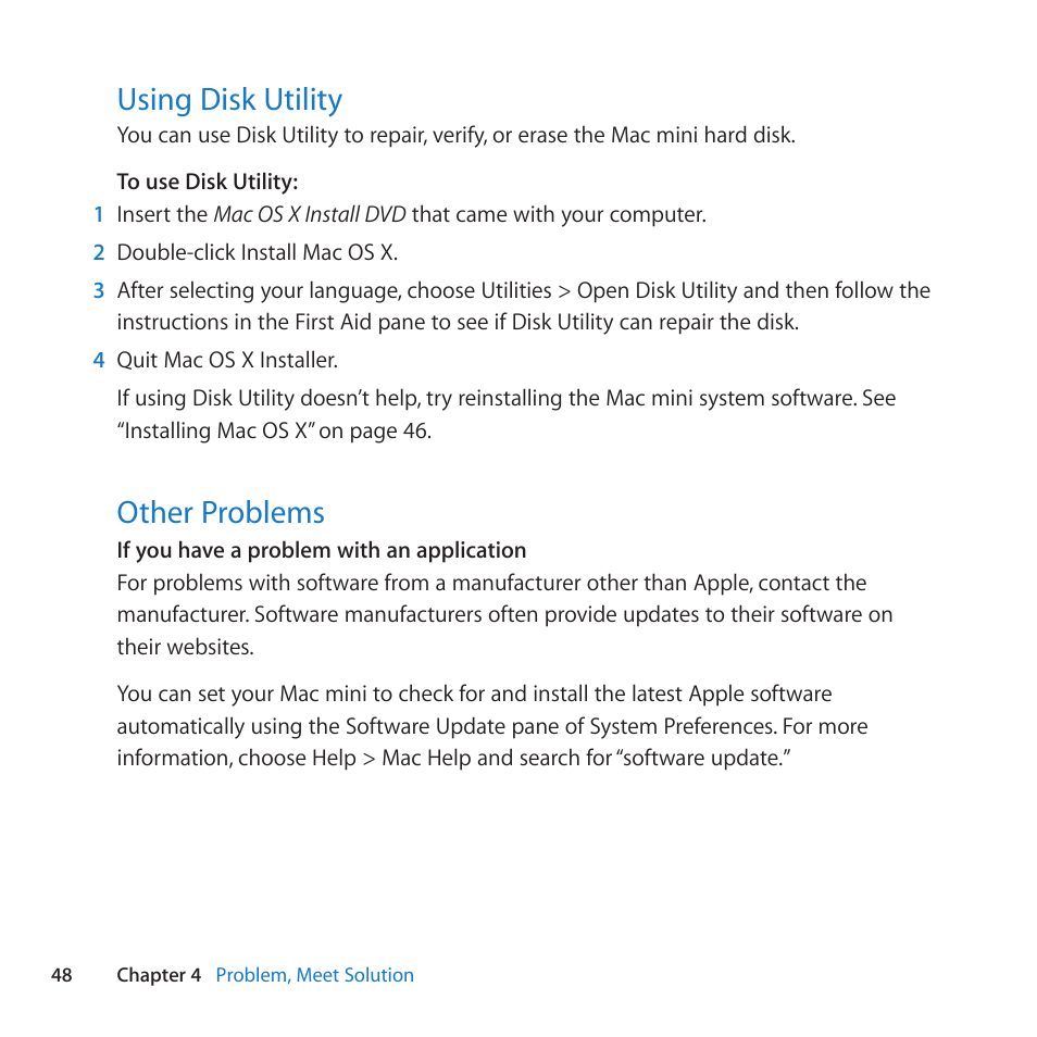 Using disk utility, Other problems, 48 using disk utility | 48 other problems | Apple Mac mini (Mid 2010) User Manual | Page 48 / 76