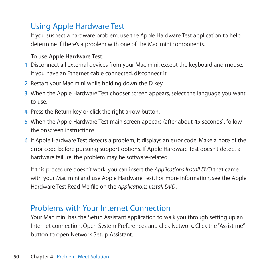 Using apple hardware test, Problems with your internet connection | Apple Mac mini (Mid 2010) User Manual | Page 50 / 76