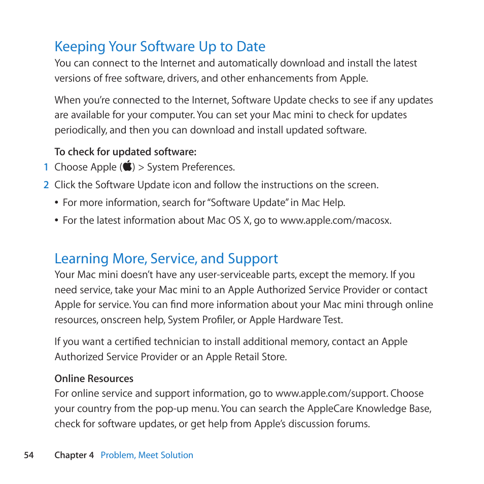 Keeping your software up to date, Learning more, service, and support | Apple Mac mini (Mid 2010) User Manual | Page 54 / 76