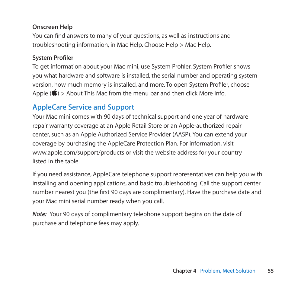 Applecare service and support | Apple Mac mini (Mid 2010) User Manual | Page 55 / 76