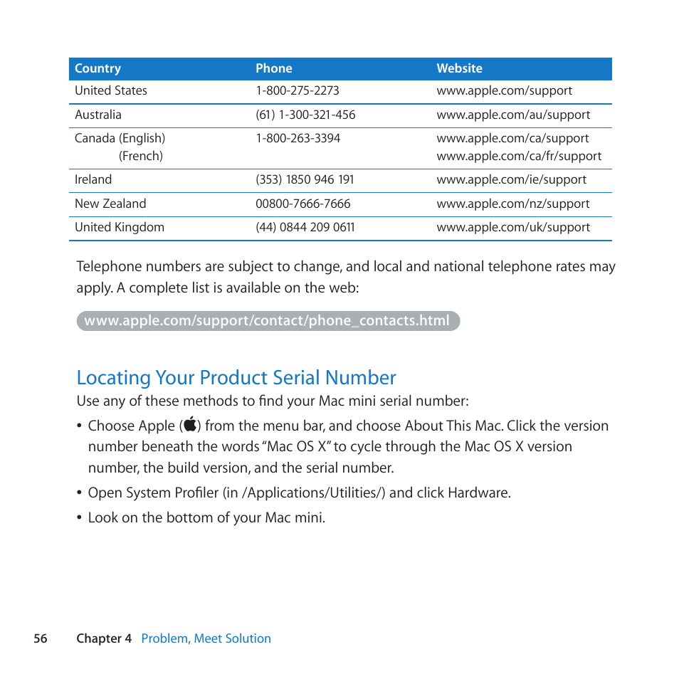 Locating your product serial number, 56 locating your product serial number | Apple Mac mini (Mid 2010) User Manual | Page 56 / 76