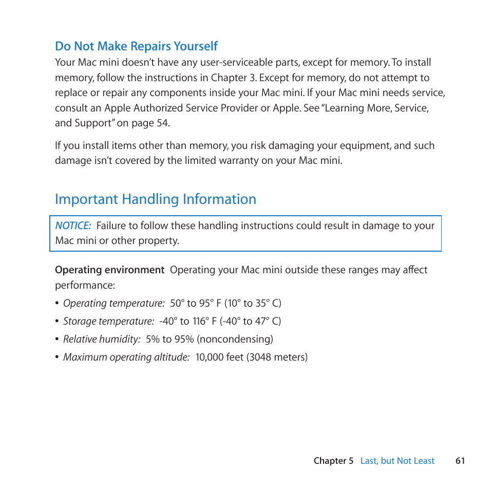 Important handling information, 61 important handling information | Apple Mac mini (Mid 2010) User Manual | Page 61 / 76