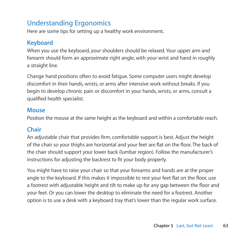 Understanding ergonomics, 63 understanding ergonomics | Apple Mac mini (Mid 2010) User Manual | Page 63 / 76