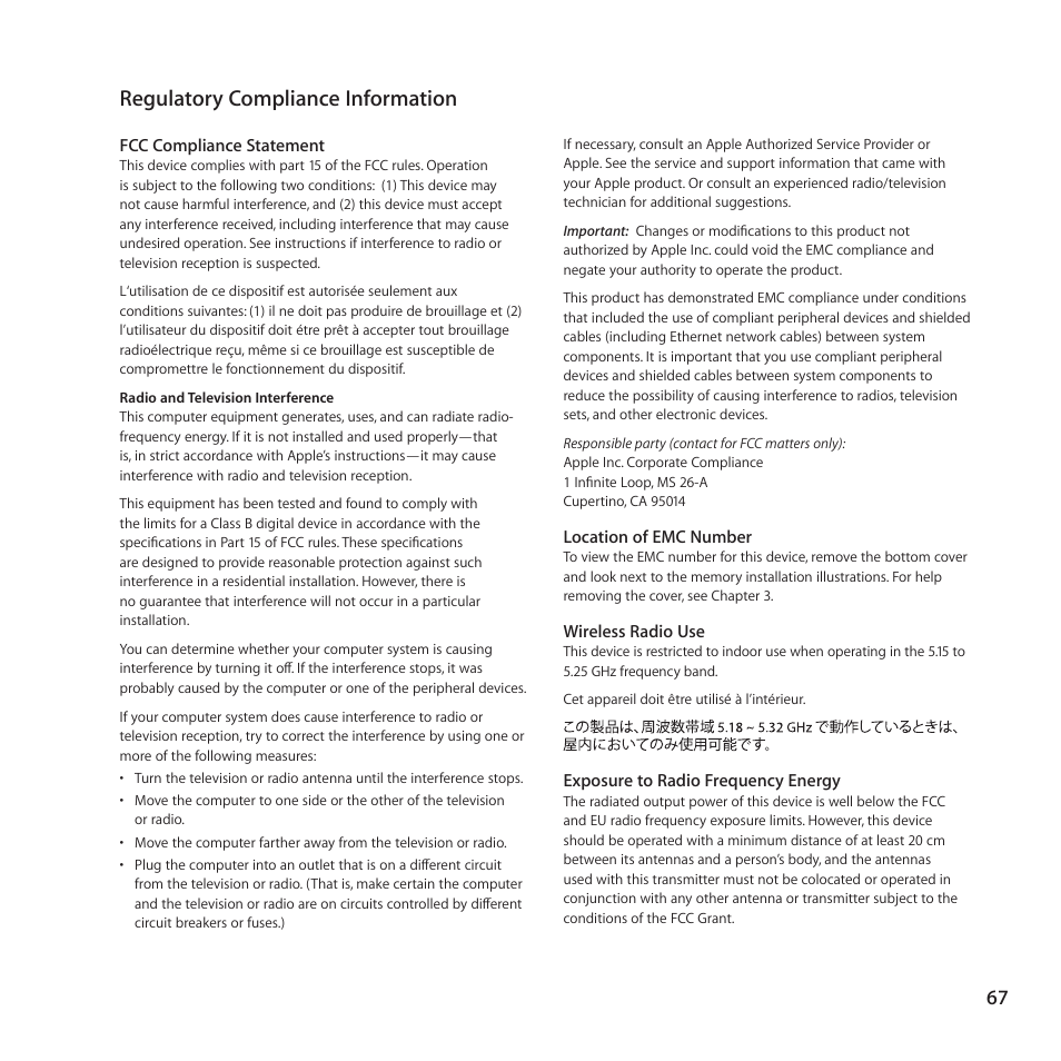 Regulatory compliance information, 67 regulatory compliance information | Apple Mac mini (Mid 2010) User Manual | Page 67 / 76