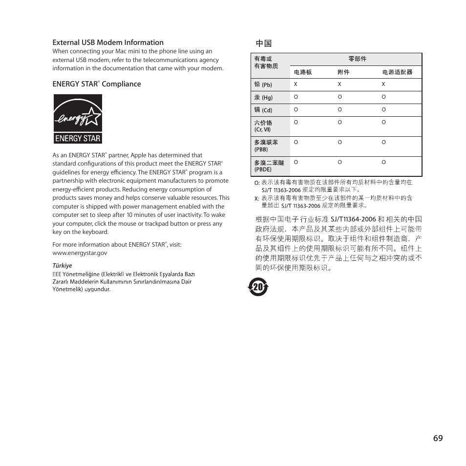 External usb modem information, Energy star, Compliance | Apple Mac mini (Mid 2010) User Manual | Page 69 / 76