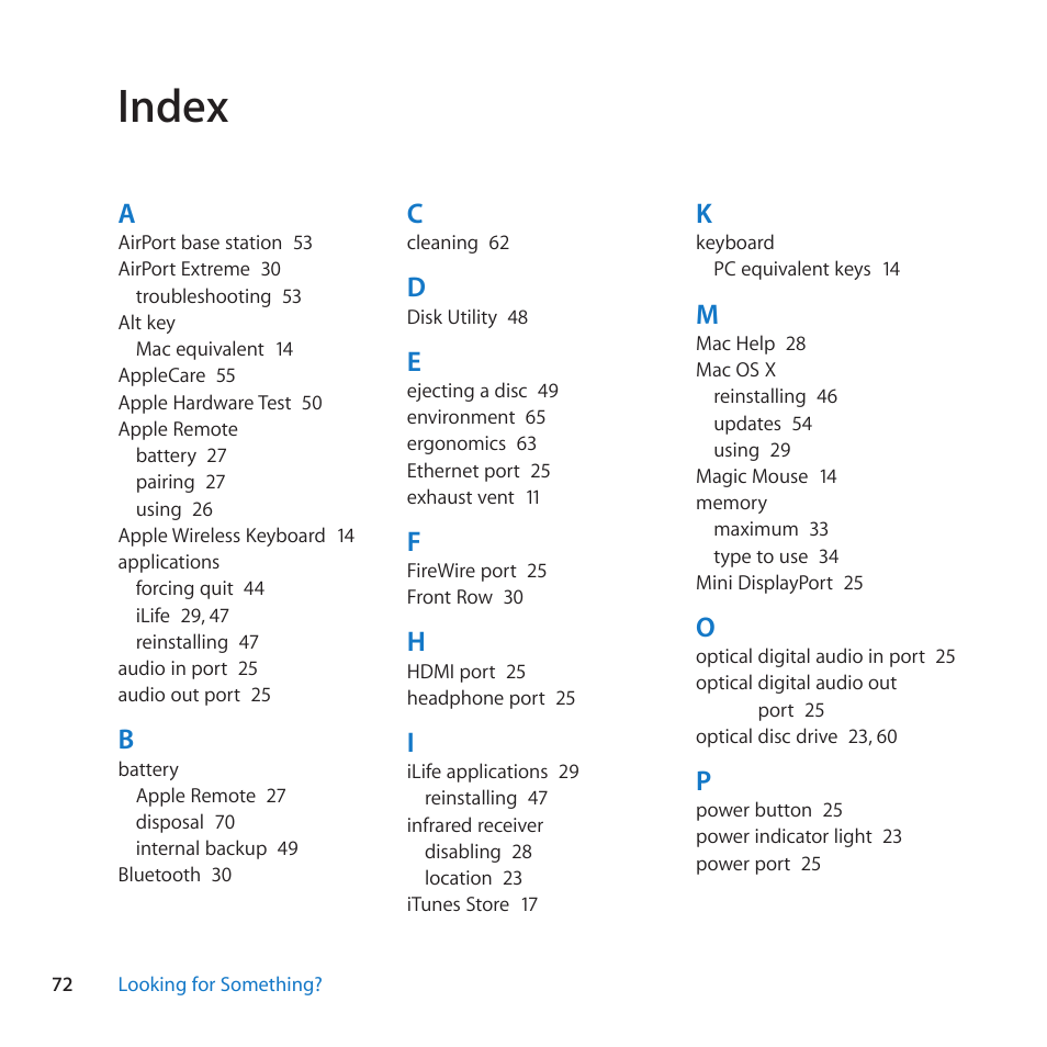 Index, 72 index | Apple Mac mini (Mid 2010) User Manual | Page 72 / 76