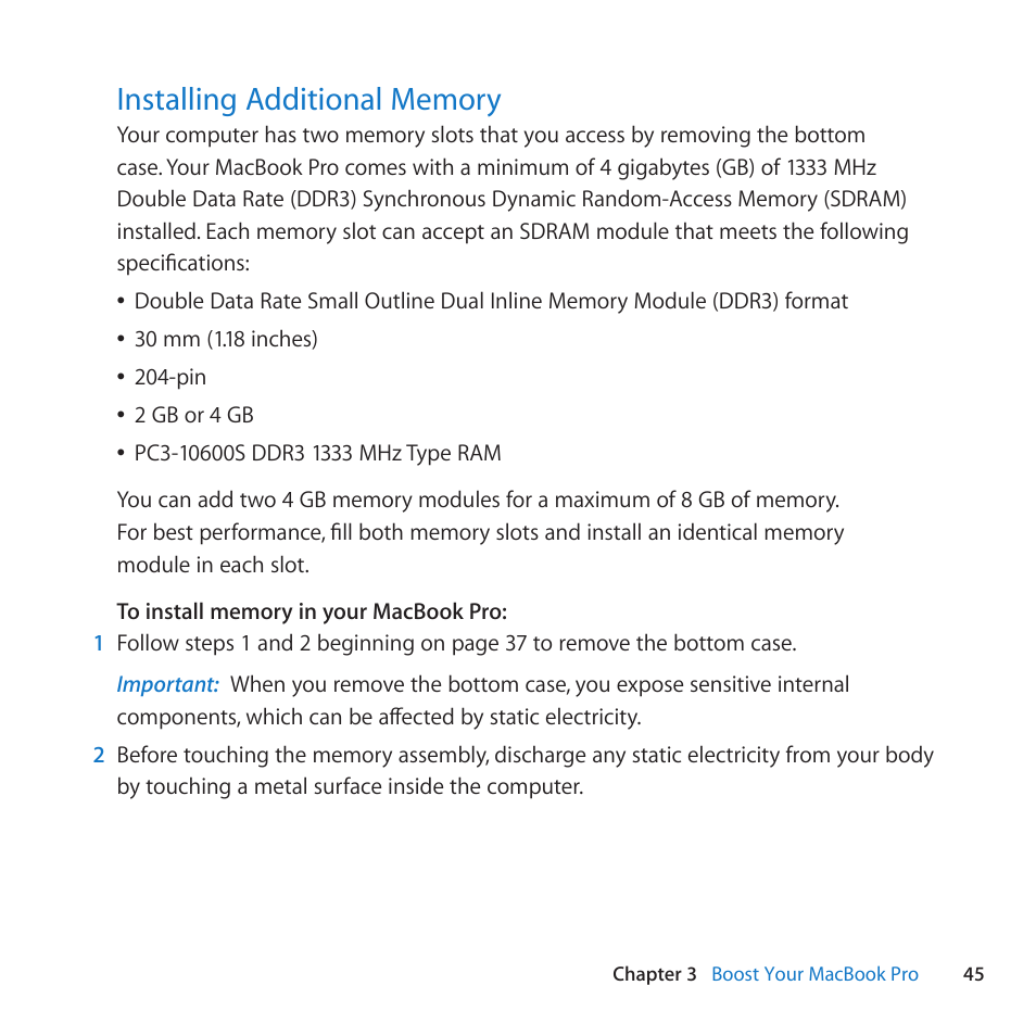 Installing additional memory, 45 installing additional memory | Apple MacBook Pro (17-inch, Early 2011) User Manual | Page 45 / 92