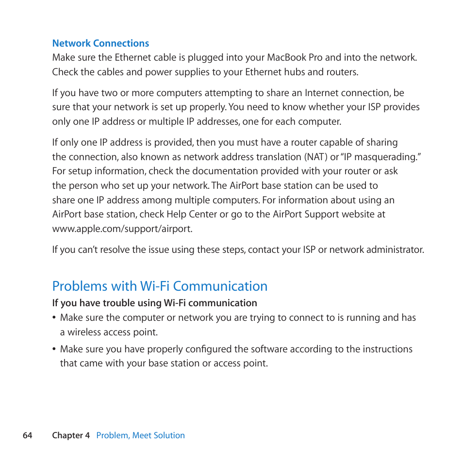 Problems with wi-fi communication, 64 problems with wi-fi communication | Apple MacBook Pro (17-inch, Early 2011) User Manual | Page 64 / 92