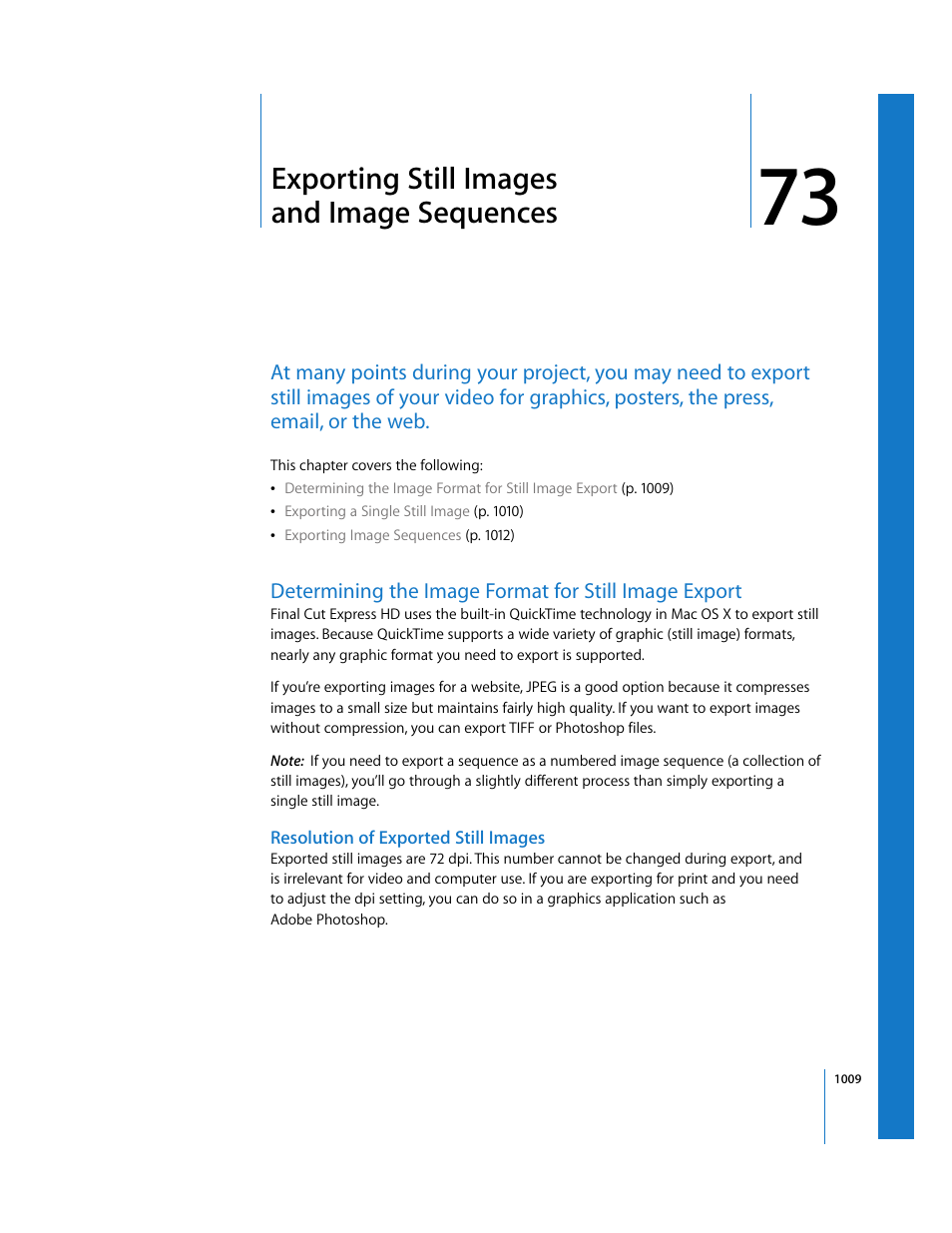 Exporting still images and image sequences, Resolution of exported still images, Chapter 73 | Apple Final Cut Express HD User Manual | Page 1009 / 1153