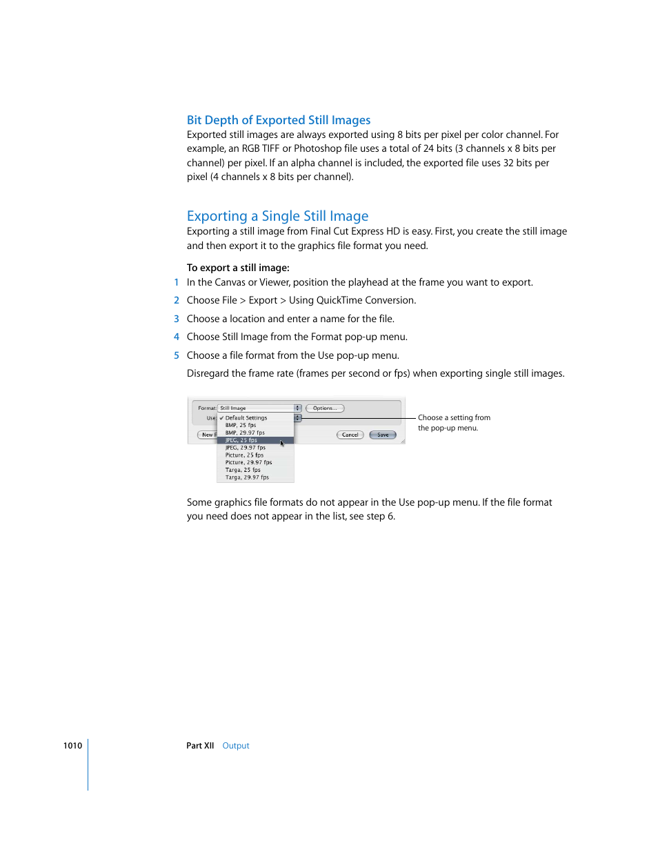 Bit depth of exported still images, Exporting a single still image, P. 1010) | Apple Final Cut Express HD User Manual | Page 1010 / 1153
