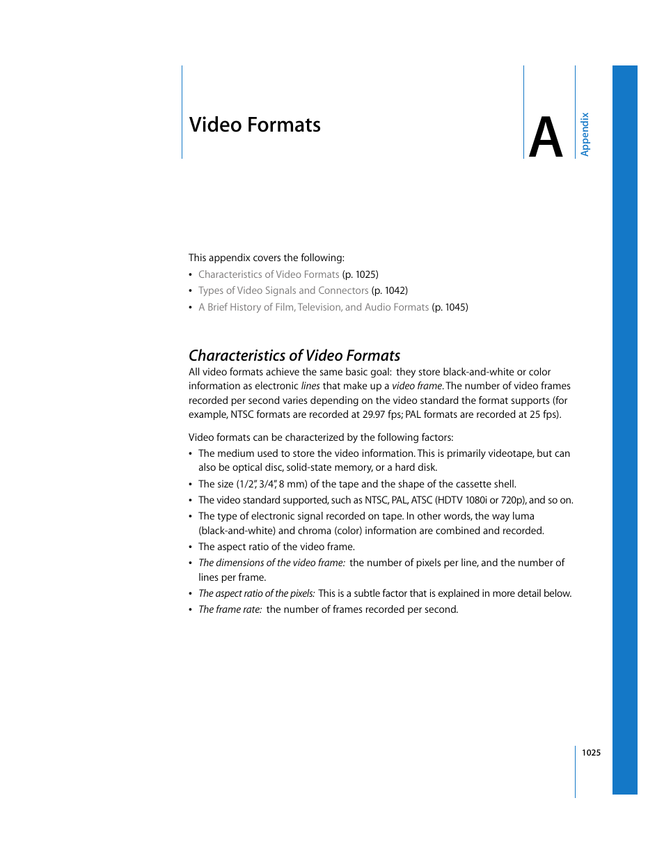 Video formats, Characteristics of video formats, Appendix a | See appendix a | Apple Final Cut Express HD User Manual | Page 1025 / 1153