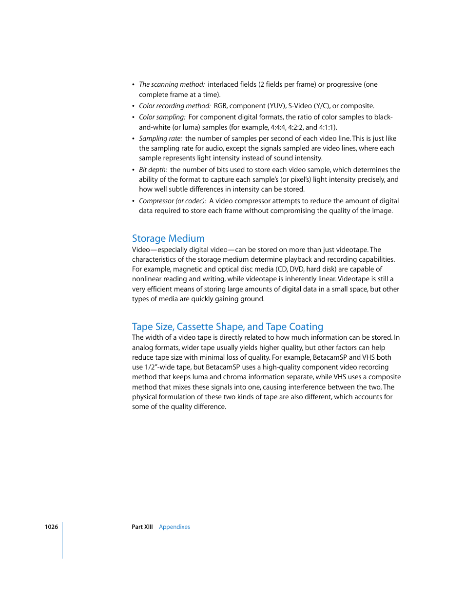 Storage medium, Tape size, cassette shape, and tape coating | Apple Final Cut Express HD User Manual | Page 1026 / 1153