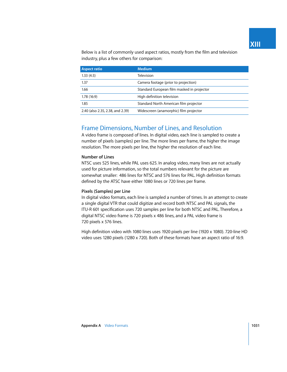 Frame dimensions, number of lines, and resolution, Xiii | Apple Final Cut Express HD User Manual | Page 1031 / 1153