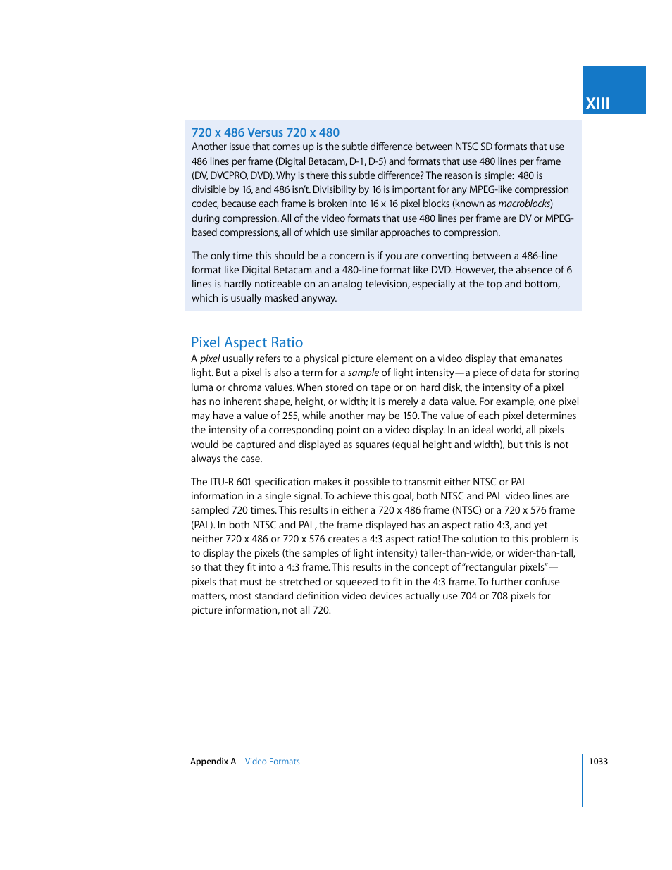 720 x 486 versus 720 x 480, Pixel aspect ratio, Xiii | Apple Final Cut Express HD User Manual | Page 1033 / 1153