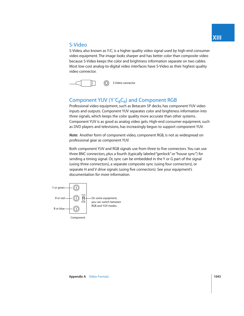 S-video, Component yuv (y´cbcr) and component rgb, Component yuv (y´c | And component rgb, Xiii | Apple Final Cut Express HD User Manual | Page 1043 / 1153