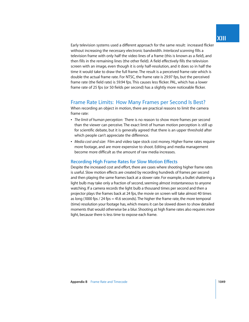 Recording high frame rates for slow motion effects, P. 1049), Xiii | Apple Final Cut Express HD User Manual | Page 1049 / 1153