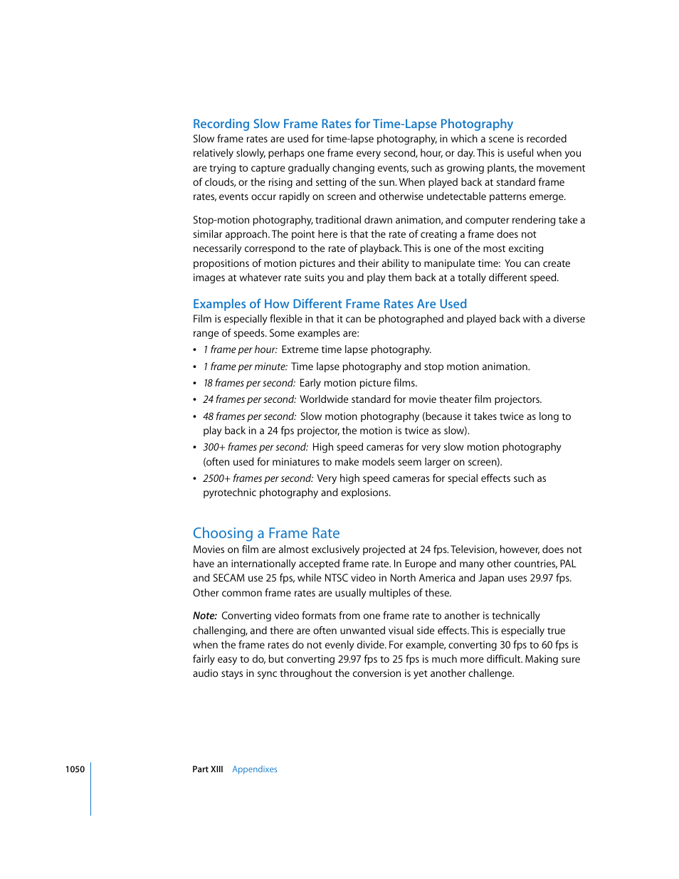Examples of how different frame rates are used, Choosing a frame rate, P. 1050) | Apple Final Cut Express HD User Manual | Page 1050 / 1153