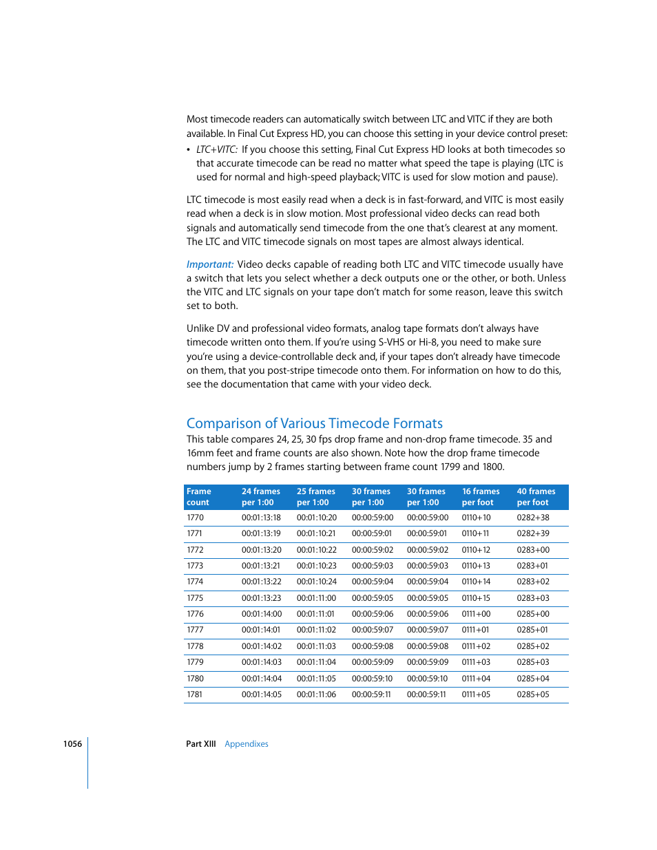 Comparison of various timecode formats, P. 1056) | Apple Final Cut Express HD User Manual | Page 1056 / 1153