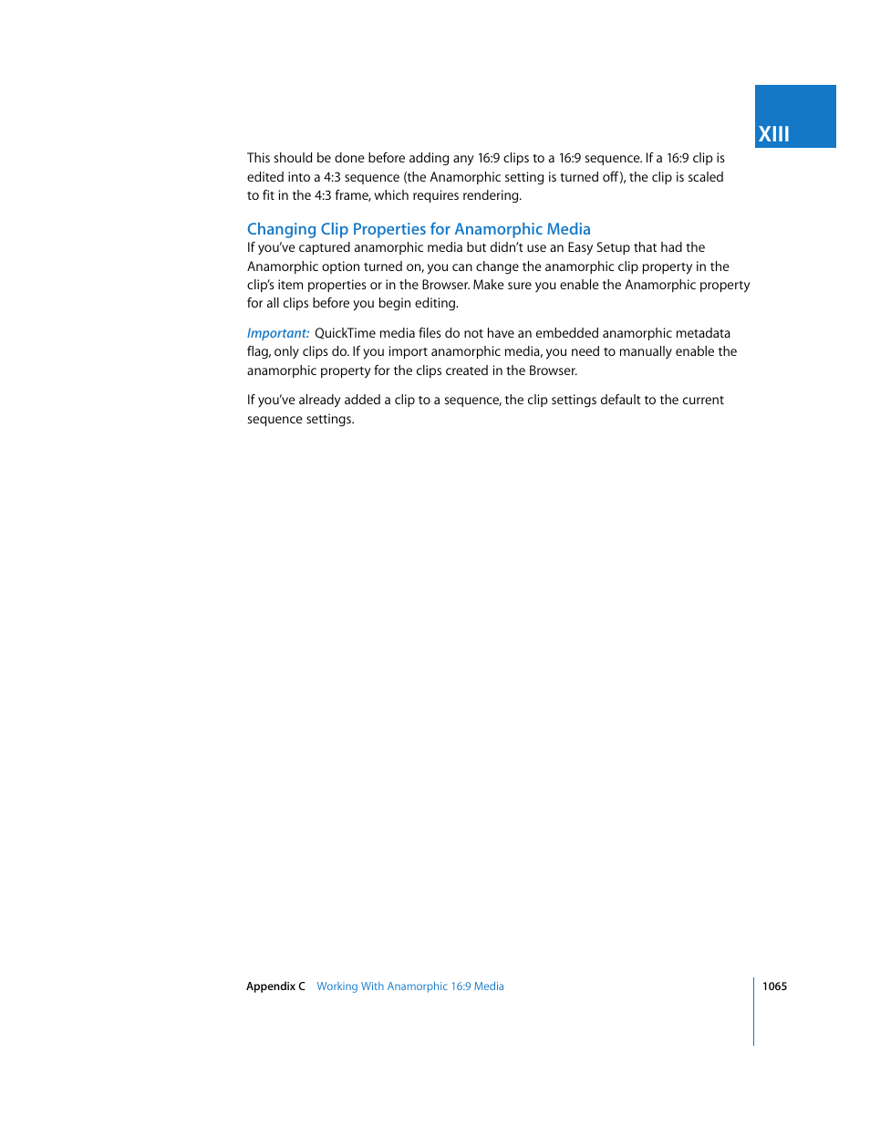 Changing clip properties for anamorphic media, Xiii | Apple Final Cut Express HD User Manual | Page 1065 / 1153