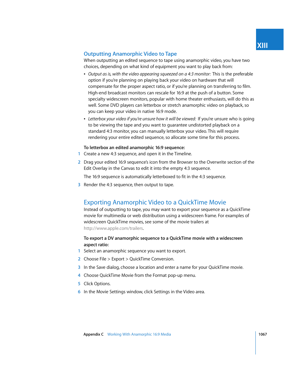 Outputting anamorphic video to tape, Exporting anamorphic video to a quicktime movie, P. 1067) | Xiii | Apple Final Cut Express HD User Manual | Page 1067 / 1153