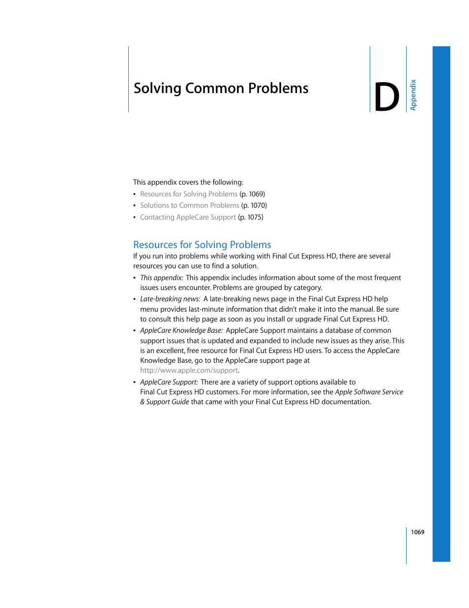 Solving common problems, Resources for solving problems, Appendix d | Apple Final Cut Express HD User Manual | Page 1069 / 1153