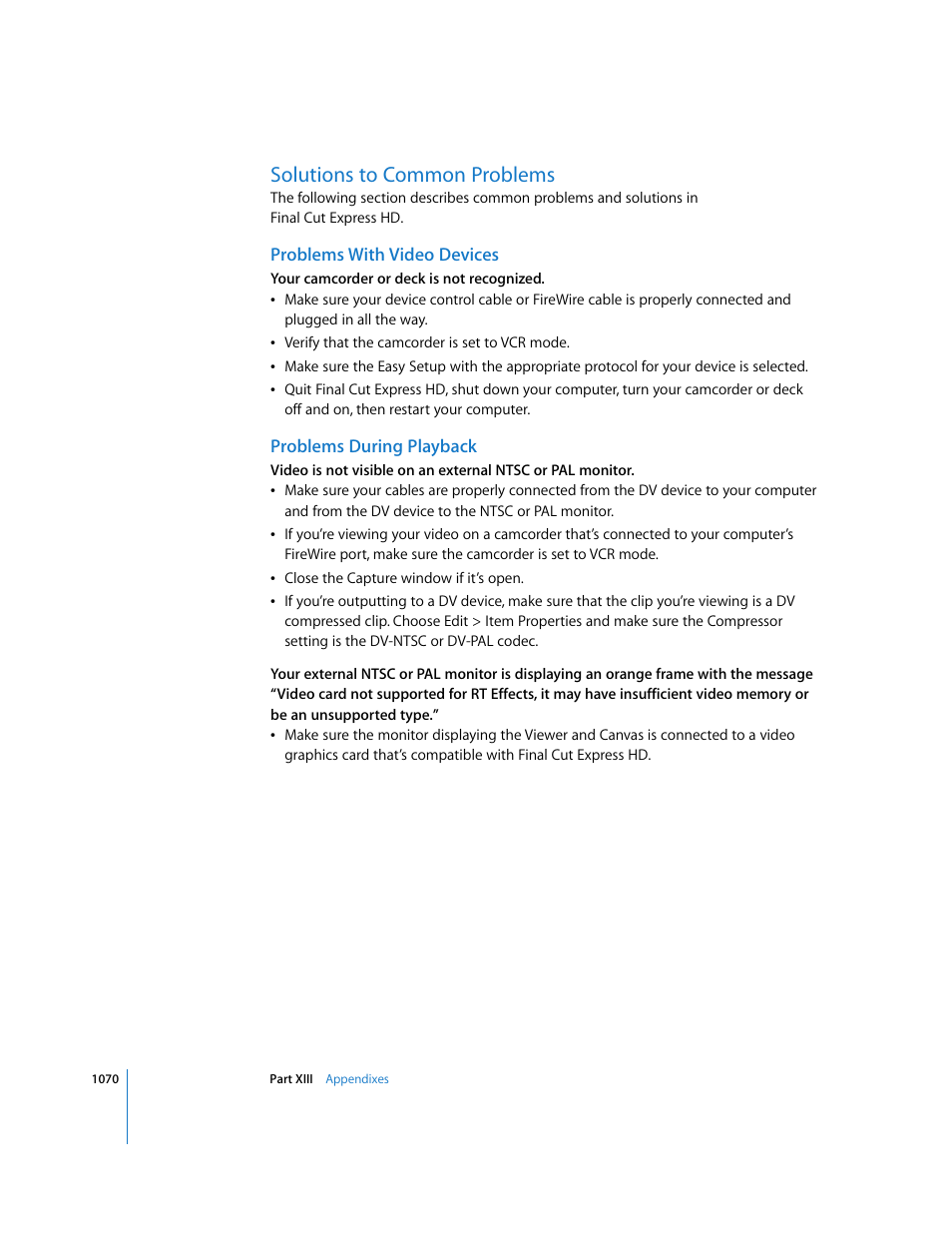 Solutions to common problems, Problems with video devices, Problems during playback | Problems, During playback, P. 1070) | Apple Final Cut Express HD User Manual | Page 1070 / 1153