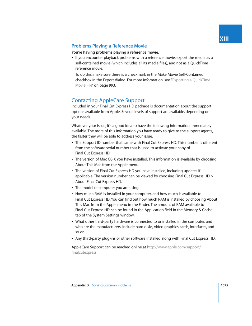 Problems playing a reference movie, Contacting applecare support, P. 1075) | Xiii | Apple Final Cut Express HD User Manual | Page 1075 / 1153
