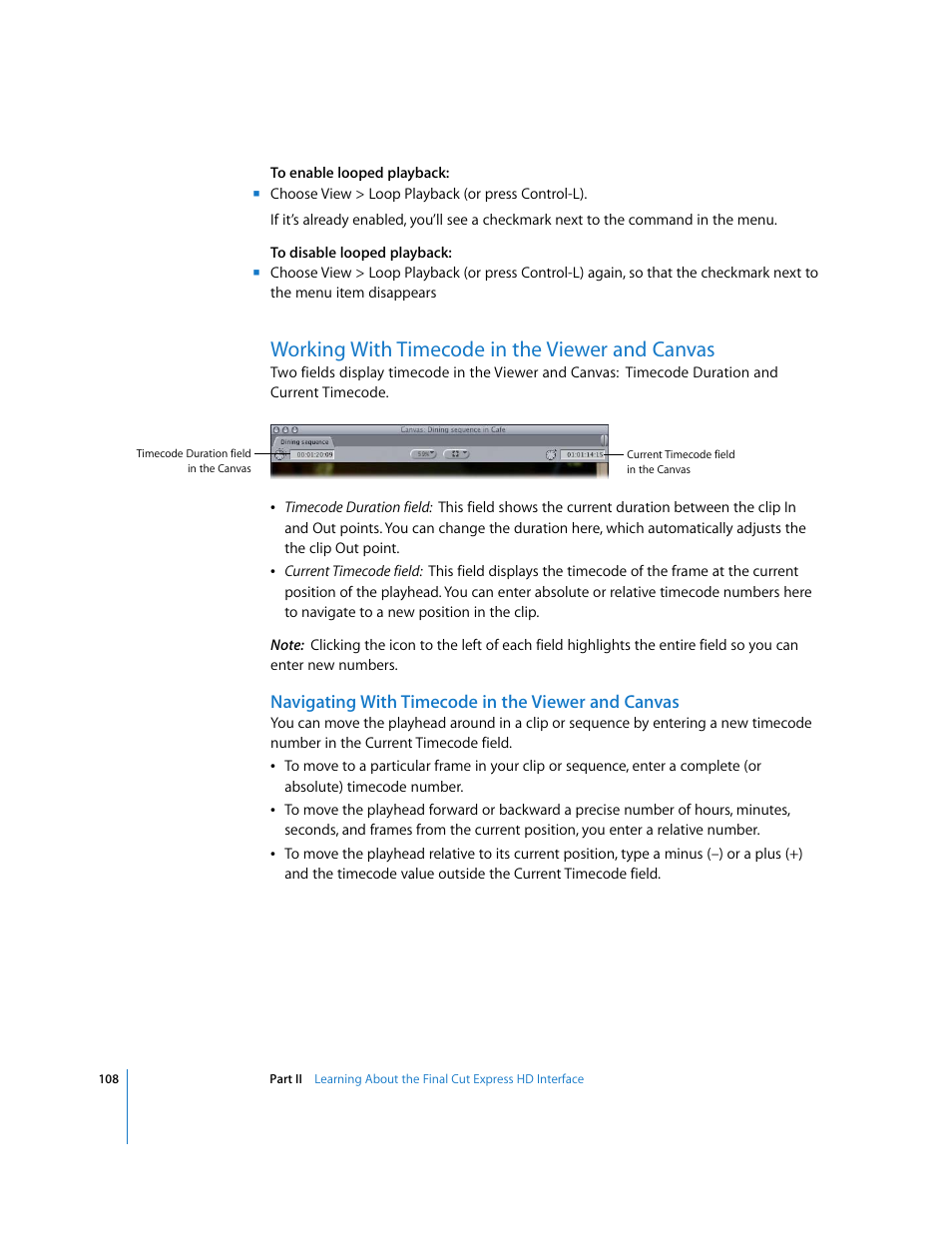 Working with timecode in the viewer and canvas, Navigating with timecode in the viewer and canvas, P. 108) | Apple Final Cut Express HD User Manual | Page 108 / 1153