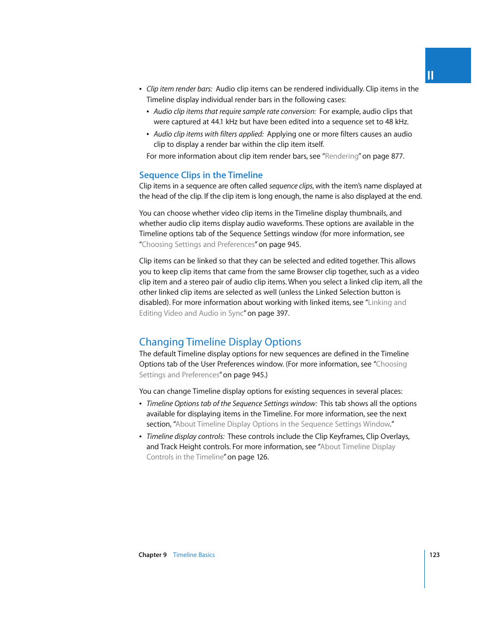 Sequence clips in the timeline, Changing timeline display options, P. 123) | Changing timeline display, Options | Apple Final Cut Express HD User Manual | Page 123 / 1153