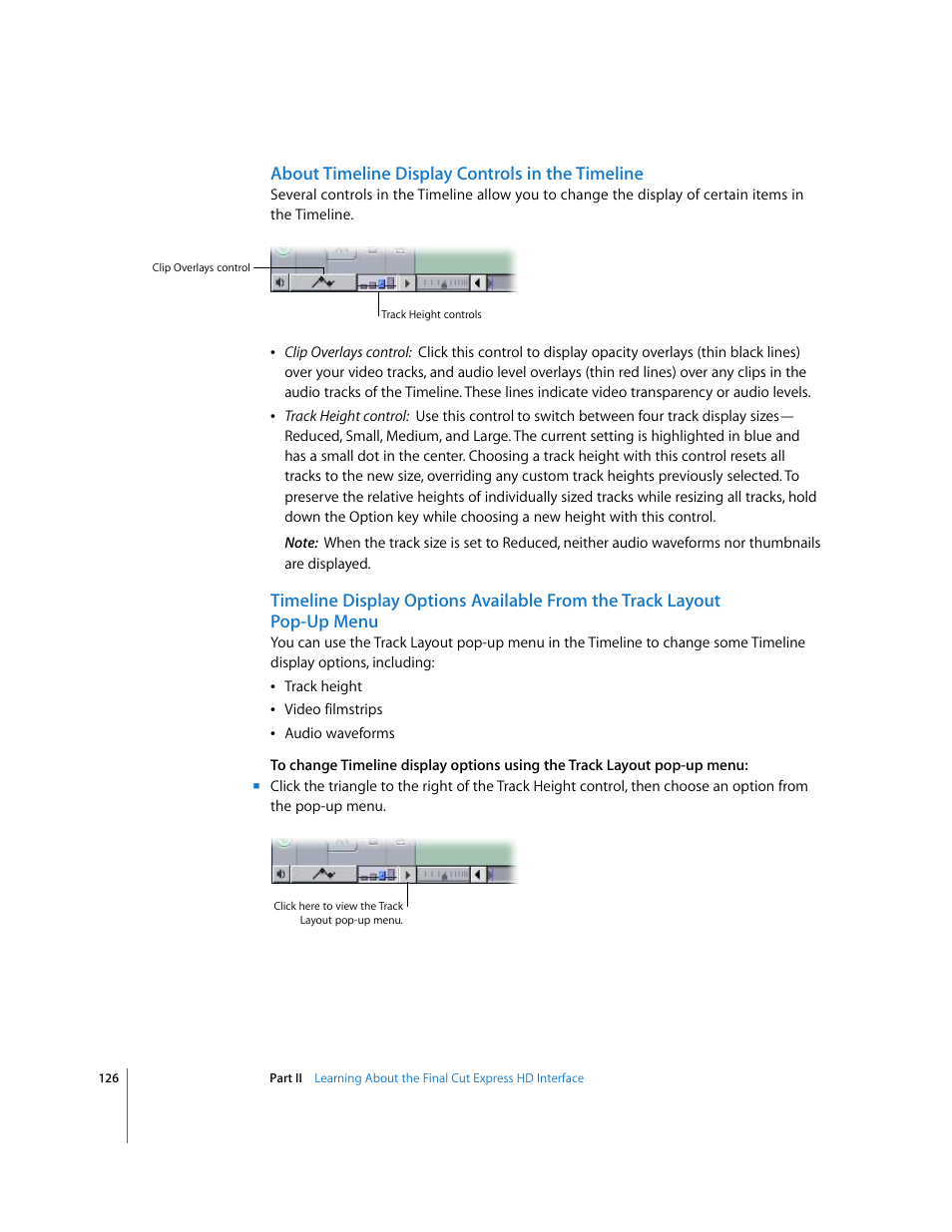 About timeline display controls in the timeline, About timeline display, Controls in the timeline | Pop-up menu | Apple Final Cut Express HD User Manual | Page 126 / 1153
