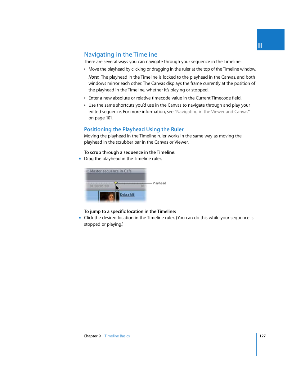 Navigating in the timeline, Positioning the playhead using the ruler, P. 127) | Apple Final Cut Express HD User Manual | Page 127 / 1153