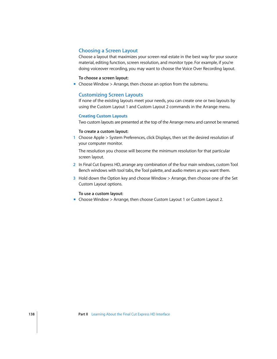 Choosing a screen layout, Customizing screen layouts | Apple Final Cut Express HD User Manual | Page 138 / 1153