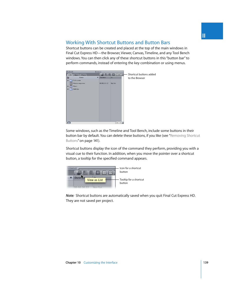 Working with shortcut buttons and button bars, P. 139) | Apple Final Cut Express HD User Manual | Page 139 / 1153